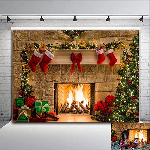 8x6ft Fireplace Holiday Photography Backdrop Photo Booths Studio Props Vinyl Christmas Stocking Tree Photo Background Winter Xmas Birthday Party Decorations Baby Shower Supplies - size: 8x6ft