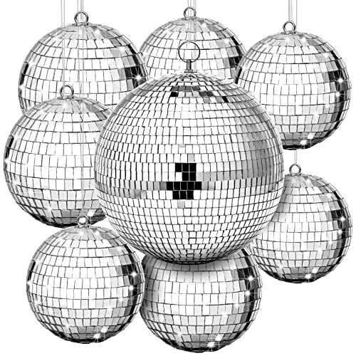 Haull 8 Pcs Large Disco Ball Set Silver Mirror Disco Reflective Ball with Hanging Ring Party Ornament Decoration for Stage Club Ballroom Dance Hall Wedding Prom Props(8'', 6'', 4'') - size: 8'', 6'', 4''