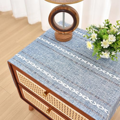 NEWISHER Rustic Farmhouse Embroidered Small Rectangle Tablecloth, Jacquard Striped Table Cloth Washable Fabric Dining Table Cover for Nightstand, Bedside Table, End Table (15x35 Inch), Blue and Grey - color: Blue and Grey, size: 35" x 15" (Rectangular)