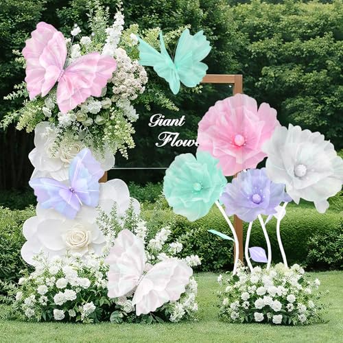 Cinnvoice 8 Pcs Giant Butterfly Flower Decorations 20 Inch 12 Inch 3D Large Silk Butterfly Artificial Flower Wall Decorations for Wedding Backdrop Bridal Shower Birthday Party Bedroom Decor (Pastel) - color: Pastel