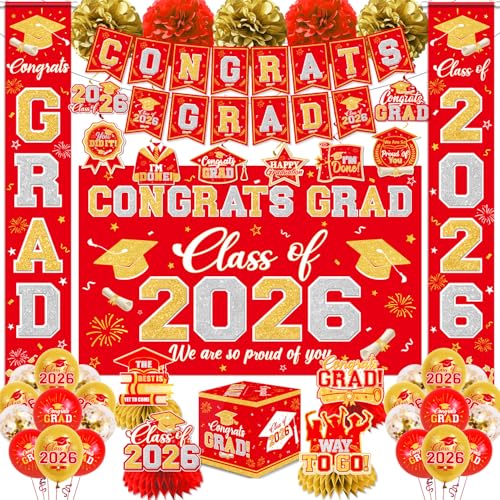 Graduation Decorations Class of 2026 Red and Gold Graduation Decorations with Congrats Grad Banner,Backdrop,Porch Sign,Balloons,Hanging Swirls,Honeycomb Centerpieces,Box for Graduation Party Supplies - color: Red