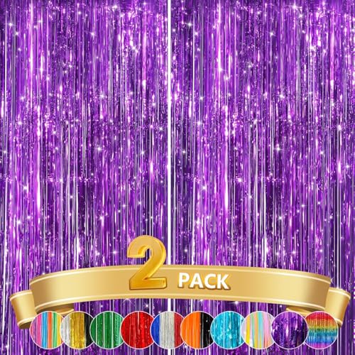 GCB 2Pack Purple Metallic Tinsel Foil Fringe Curtains, Door Streamers Photo Booth Backdrop for Birthday Party Wedding, Purple Curtain Backdrop for Baby Shower Bachelorette Christmas Party Decorations - color: Purple
