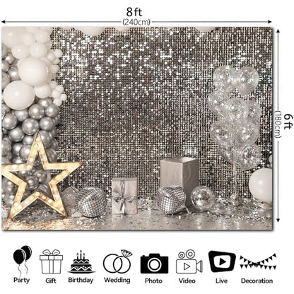 8x6FT Silver Sequin Photo Backdrop Balloons Star Shiny Sparkle Theme Photography Background Birthday Wedding Celebration Events Party Banner Decoration Photoshoot Supplies Polyester - size: 8x6FT