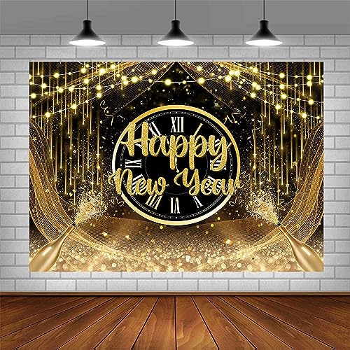 AIBIIN 8x6ft Happy New Year Backdrop 2024 New Years Party Decorations Black Gold New Years Eve Annual Countdown Party Supplies Gold Glitter Champagne Fabulous Family Party Banner Photo Shoot Props - color: Black Gold, size: 8x6ft