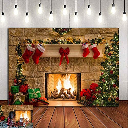 Fireplace Holiday Photography Backdrop Photo Booths Studio Props Vinyl 7x5ft Christmas Stocking Tree Photo Background Winter Xmas Birthday Party Decorations Baby Shower Supplies - size: 7x5ft