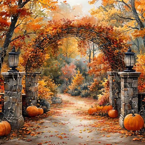 Kate Autumn Stone Arch Backdrops Pumpkin Photo Backdrop Fall Leaves Scenery Photography Backdrops for Seasonal Party Photo Studio Props, 10x10ft - size: 10x10ft