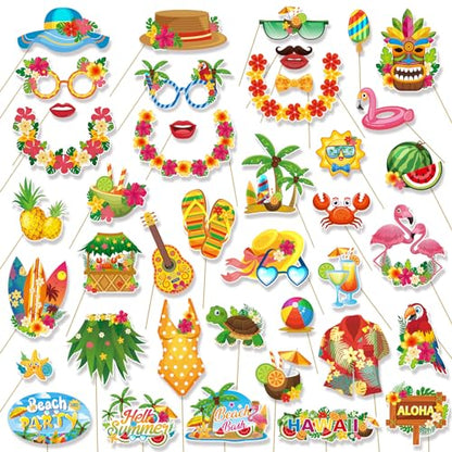 Konsait 42 PCS Hawaiian Photo Booth Props Luau Party Decorations, Summer Photo Booth Props Tropical Picture Prop Hawaiian Party Decor Aloha Backdrop Prop