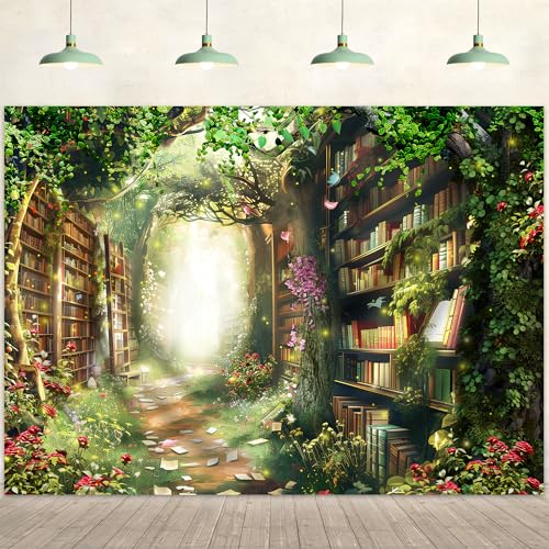 Fairy Woodland Library Backdrop 8Wx6H Feet Enchanted Garden Tale Reading Bookshelf Green Floral Plant Polyester Fabric Magic Nature Photography Backgrounds Photo Shoot Decor Props Decoration - color: A-Fairy03, size: 8Wx6H
