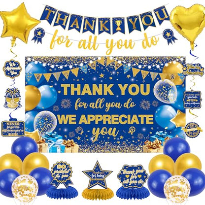 Vlipoeasn We Appreciate You Banner Decorations, Blue Gold Thank You for All You Do Backdrop Banner Honeycomb Centerpieces, Retirement Office Decor Staff Teachers Professors Doctor Nurses Appreciation - style: Bue Gold