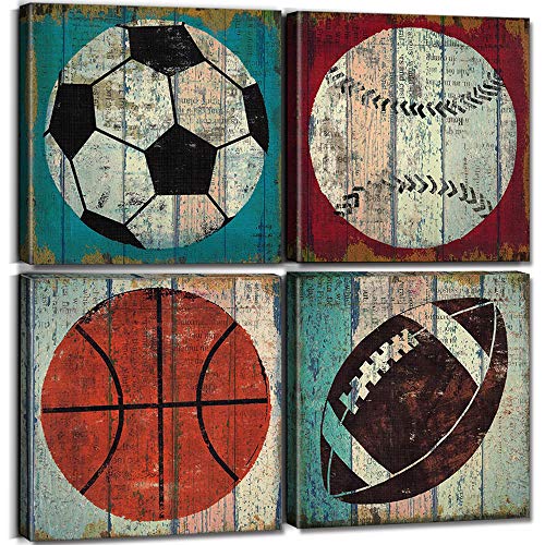 Boys Room Wall Art Sports Decor Vintage Baseball Soccer Basketball Football Pictures for Kids Bedroom Toddler Nursery Playroom Balls Canvas Prints Artwork Living Room Home Decorations 12x12" 4Pcs - color: Ball Sports, size: 12"l X 12"w