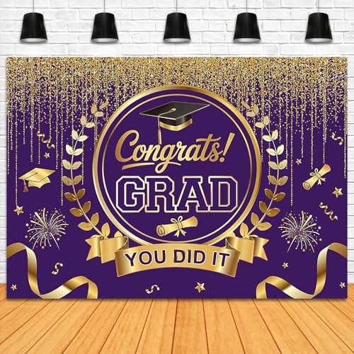 Graduation Backdrop Congrats Grad You Did It Party Decorations Background Congratulations Graduate Class of 2026 Banner Photo Booth Props (Purple and Gold, 7x5ft) - color: Purple and Gold