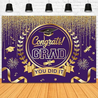 Graduation Backdrop Congrats Grad You Did It Party Decorations Background Congratulations Graduate Class of 2026 Banner Photo Booth Props (Purple and Gold, 7x5ft) - color: Purple and Gold