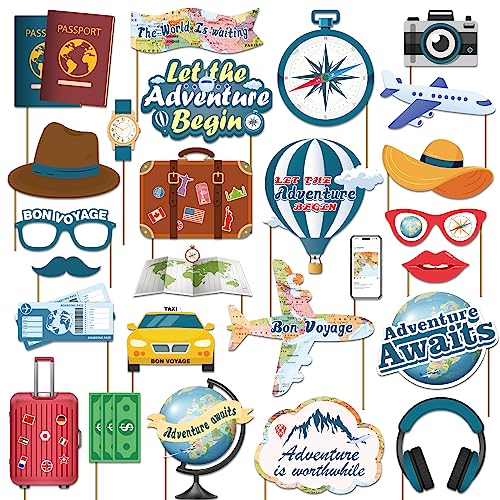 Biswiter Adventure Awaits Party Decorations Photo Booth Props, 26 Pcs Let The Adventure Begin Decorations Photo Props, Bon Voyage Around The World Decorations Photo Props for Travel Decorations