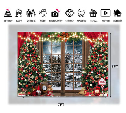 7x5ft Winter Christmas Photography Backdrop Xmas Rustic Wooden Window Full Moon Night Background Baby Kids Party Decorations Portrait Cake Table Banner Photo Studio Props - size: 7x5ft