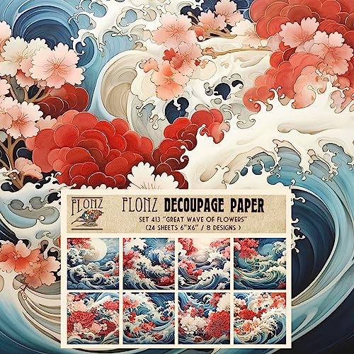 Decoupage Paper Pack (24 Sheets 6"x6") Great Wave of Flowers # Japan Watercolor Vintage Styled Pattern Paper for Decoupage, Craft and Scrapbooking - color: ThirtyTwo
