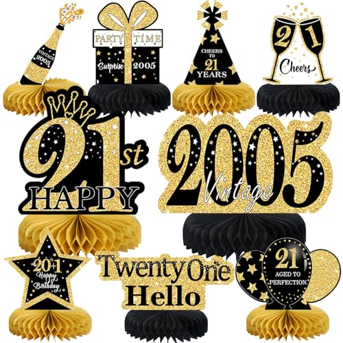 9Pcs Black Gold 21st Birthday Decorations Honeycomb Centerpieces for Girls,Happy 21st Birthday Centerpieces Tables Toppers Party Decorations Supplies,Vintage 2005 Aged Table Sign Decor - color: Black Gold 21st