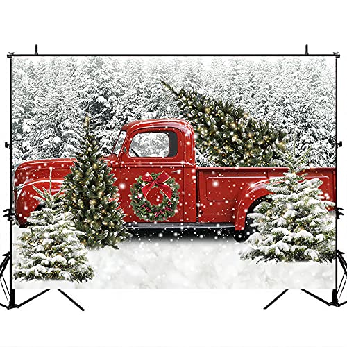 Avezano Christmas Vintage Red Truck with Tree Backdrop Winter Snowy Forest Tree Background Xmas Winter Holiday Family Kids Portraits Backdrops Photoboot Props (10x8) - size: 10x8