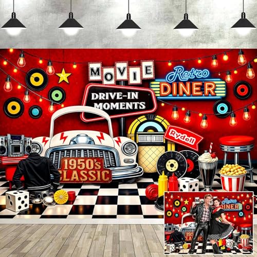 5X3ft Vintage 1950s Backdrop Retro 50s Drive in Movie Rock and Roll Photography Background 50s Theme Party Banner Decorations Adult Kids Portrait Video Photo Shoot Props - color: Multi4, size: 5x3ft