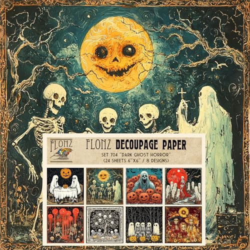 Decoupage Paper Pack (24 Sheets 6"x6") Dark Ghost Horror ~ Spooky Halloween Art with Skeletons, Ghosts and Pumpkins, Retro Horror Style, Digital Painting Technique - color: FourtyNine