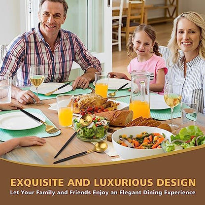 5-Piece Matte Black Gold Stainless Steel Large Hostess Set With Round Edge Satin Finish Dishwasher Safe - Large Serving Set Including Fork, Knife, Sugar Spoon And Slotted Spoon - color: Blackgold, size: 5-piece