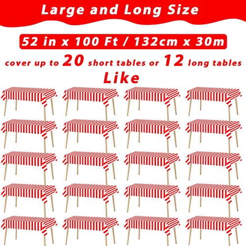 Red and White Striped Tablecloth Roll 52 in x 100 Ft with Slide Cutter Circus Carnival Party Supplies Halloween Christmas Plastic Picnic Table Cover for Indoor Outdoor Events Family Banquet Party - color: Red and White Striped