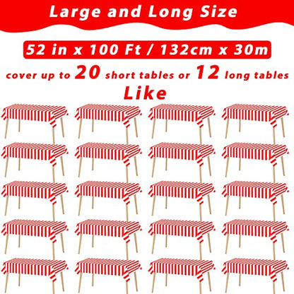 Red and White Striped Tablecloth Roll 52 in x 100 Ft with Slide Cutter Circus Carnival Party Supplies Halloween Christmas Plastic Picnic Table Cover for Indoor Outdoor Events Family Banquet Party - color: Red and White Striped