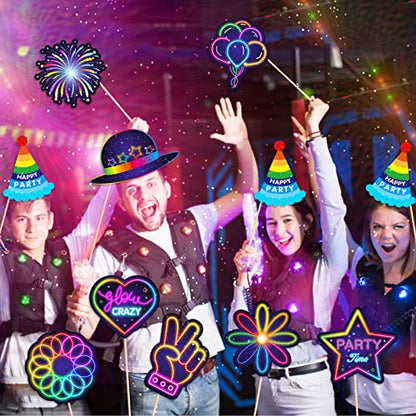 25pcs Glow Neon Photo Booth Props with Stick, Photo Props for Birthday Let's Glow Themed Neon Glow in The Dark Disco Black Light Party Decoration Supplies