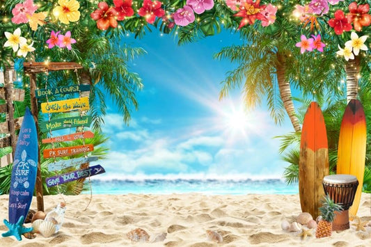 Summer Beach Backdrop Hawaiian Colorful Flowers Surfboard Party Decorations Background Ocean Island Tropical Palm Leaves Luau Backdrop Cake Table Banner Studio Props Vinyl 12x8ft - color: Blue Green, size: 12x8ft