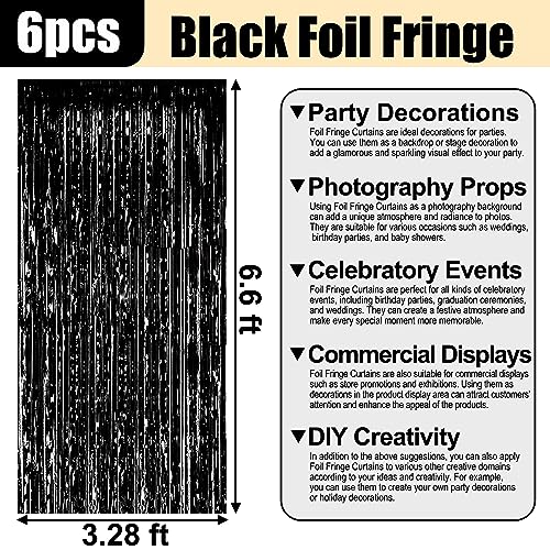 6 Pack Black Foil Fringe Curtain Backdrop, 3.28Ft x 6.6Ft Metallic Tinsel Foil Fringe Streamer Curtains for Photo Booth, Christmas Day, Thanksgiving, Wedding, New Year Party Decorations - color: Black