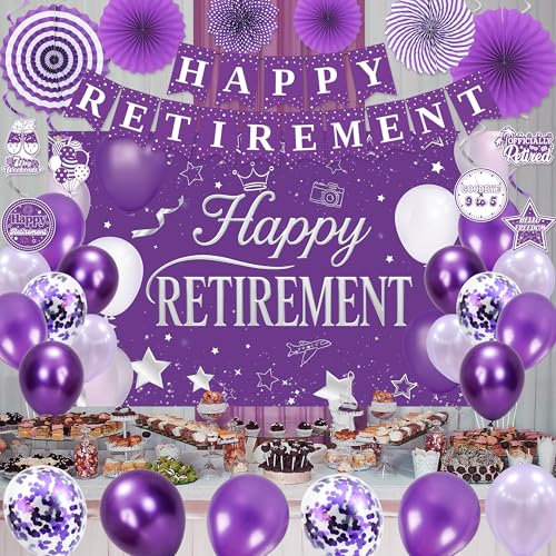 Holkcog Purple Retirement Party Decorations for Women, Silver Purple Happy Retired Banner Backdrop Paper fan Hanging Swirls for Coworker, I'm Retired Sash & Tiara Set, Great for Retiring Women Supply - style: Purple