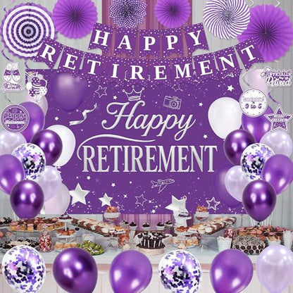 Holkcog Purple Retirement Party Decorations for Women, Silver Purple Happy Retired Banner Backdrop Paper fan Hanging Swirls for Coworker, I'm Retired Sash & Tiara Set, Great for Retiring Women Supply - style: Purple