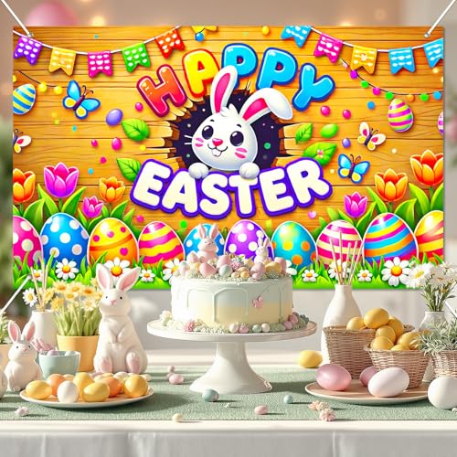 BlissYard Happy Easter Party Backdrop Banner Bunny Backdrop 71x43 Inch Spring Easter Cute Rabbit Colorful Eggs Floral Background Photography Baby Shower Party Photo Booth Props - color: Easter Bunny#6
