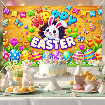 BlissYard Happy Easter Party Backdrop Banner Bunny Backdrop 71x43 Inch Spring Easter Cute Rabbit Colorful Eggs Floral Background Photography Baby Shower Party Photo Booth Props - color: Easter Bunny#6