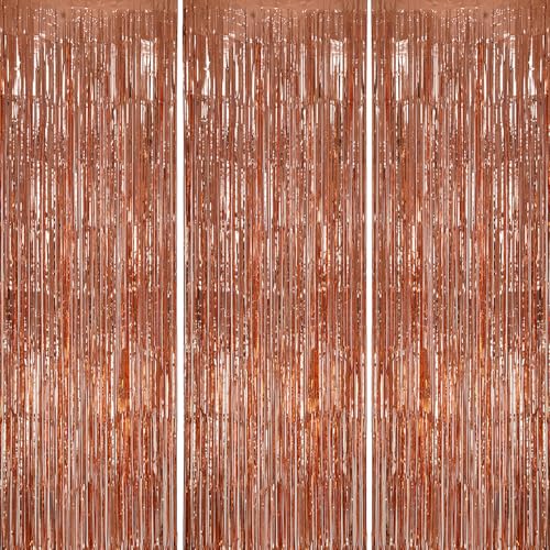 DECOCKRAT 3 Pack Foil Fringe Backdrop - Rose Gold Shiny Tinsel Curtains for Party Decoration/Photo Booth Props - 3.3x8.2 FT Metallic Foil Backdrop for Birthday, Wedding, Graduation, Christmas. - color: Rose Gold