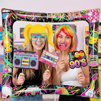 90s Inflatable Photo Frame & Props, 25Pcs Back to The 90s Photo Booth Props with Inflatable Selfie Picture Frame for 1990s Throwback Birthday Party Supplies - color: 90s