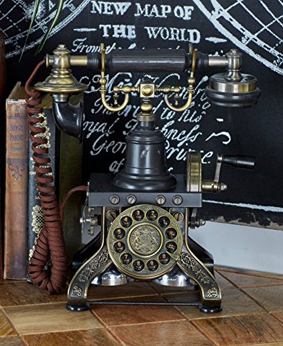 Deco 79 Brass Functioning Vintage Style Telephone with Line Cord, 10" x 6" x 12", Black - size: 10" x 6" x 12"