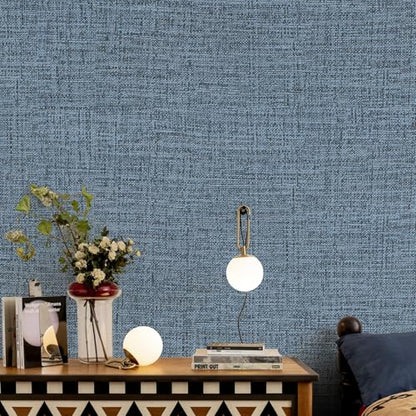 Blue Gray Grasscloth Peel and Stick Wallpaper 17.3"x160" Faux Linen Textured Contact Paper Removable Self Adhesive Vinyl Wallpaper for Bedroom Bathroom Kitchen Cabinets - color: Blue/Gray, size: 17.3" x 160"
