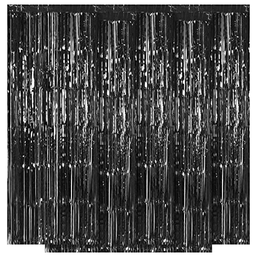 5 Pack Black Fringe Backdrop 3.2ft x 8.2ft Foil Curtain Tinsel Streamers for Birthday Party Decoration Wedding Christmas (Black) - color: Black