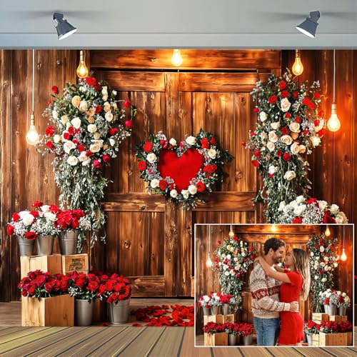 7 x 5 ft Valentine's Day Photography Backdrop Red Rose Rustic Vintage Wood Door Floral Love Heart Photography Background Valentine Women Girls Backdrops Portrait Photo Booth Props - color: Brown, size: 7x5ft