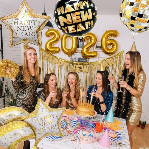 Biapian New Year Eve Balloons, 6 Pcs Huge Black and Gold Happy New Years Foil Balloons with 22 Inch Shiny Disco Ball NYE Balloon 18 Inch Round Star Balloon for 2026 New Year Party Decorations Supplies - style: New Year
