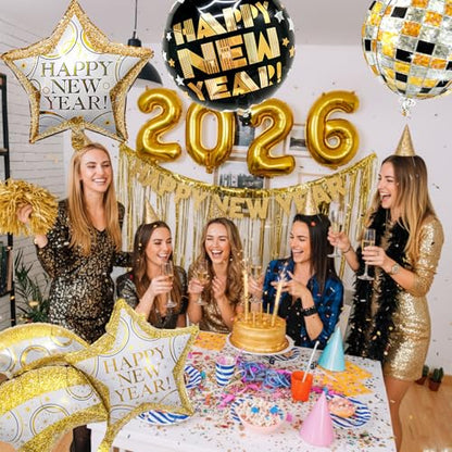 Biapian New Year Eve Balloons, 6 Pcs Huge Black and Gold Happy New Years Foil Balloons with 22 Inch Shiny Disco Ball NYE Balloon 18 Inch Round Star Balloon for 2026 New Year Party Decorations Supplies - style: New Year