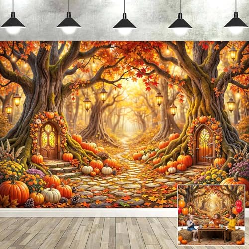 5X3ft Enchanted Forest Autumn Backdrop for Photography Fairy Tale Magic Fall Garden Pumpkin Maple Wonderland Floral Background for Kids Birthday Photo Booth Props - color: Multi14, size: 5x3ft