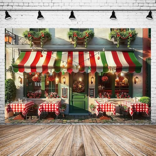 Italian Street Restaurant Backdrop Red White Green Stripes Cafe Green Plants Flowers Background Wall Italian Theme Party Decorations Holiday Travel Pictures Shooting Wallpaper (A, 5X3FT) - color: A, size: 5X3FT