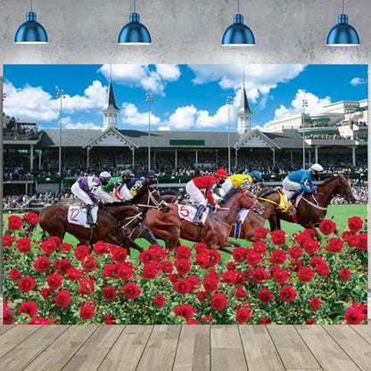 Kentucky Derby Backdrop Red Rose Garden Racecourse Photography Background Horse Racing Run for The Roses Banner Kentucky Derby Party Decorations Supplies (8x6FT: 96x72 inch) - size: 8x6FT: 96x72 inch