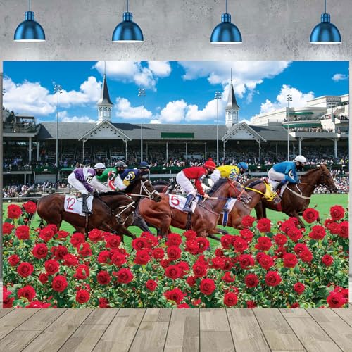 Kentucky Derby Backdrop Red Rose Garden Racecourse Photography Background Horse Racing Run for The Roses Banner Kentucky Derby Party Decorations Supplies (8x6FT: 96x72 inch) - size: 8x6FT: 96x72 inch