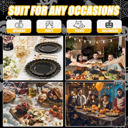SUT 72 PCS Black Plastic Plates with Gold Rim, plates Disposable Heavy Duty, 10.25 inch plastic Dinner Plate, black Disposable plate for Party - color: Black/Gold, size: 10.25 Inch