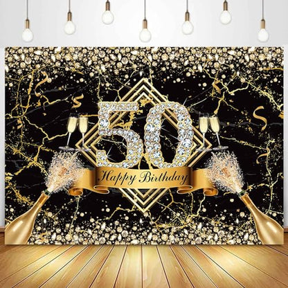 Sensfun Happy 50th Birthday Backdrop - Black Gold Marble Texture Glitter Diamonds Fabulous 50th Birthday Photography Background Supplies Photo Props 8x6ft - size: 8x6ft