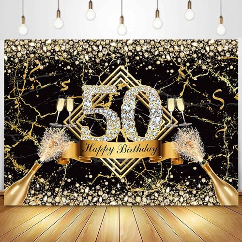Sensfun Happy 50th Birthday Backdrop - Black Gold Marble Texture Glitter Diamonds Fabulous 50th Birthday Photography Background Supplies Photo Props 8x6ft - size: 8x6ft
