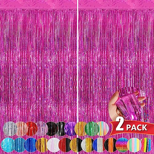 Hot Pink Metallic Tinsel Foil Fringe Curtains, 2 Pack 3.3x8.3 Feet Party Streamer for Birthday Party Decorations, Halloween Decor, Foil Curtain Backdrop for Bachelorette Party - color: Hot Pink, size: 2 Pack