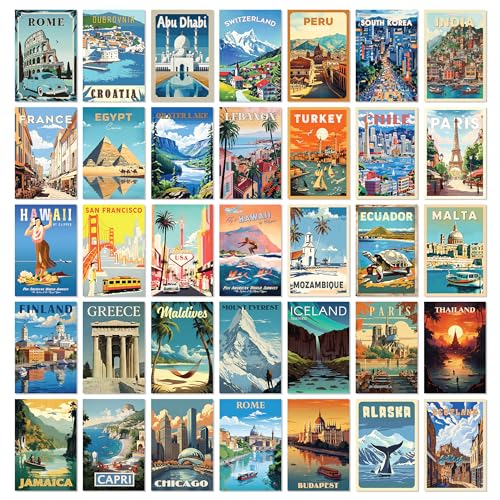 97 Decor Vintage Travel Decor - Travel Posters Wall Art Prints, Vintage Postcards from Around The World, City Landscape Aesthetic Pictures Retro Popular Cities Photo Collage Kit for Teen Bedroom (4x6) - color: Travel Poster